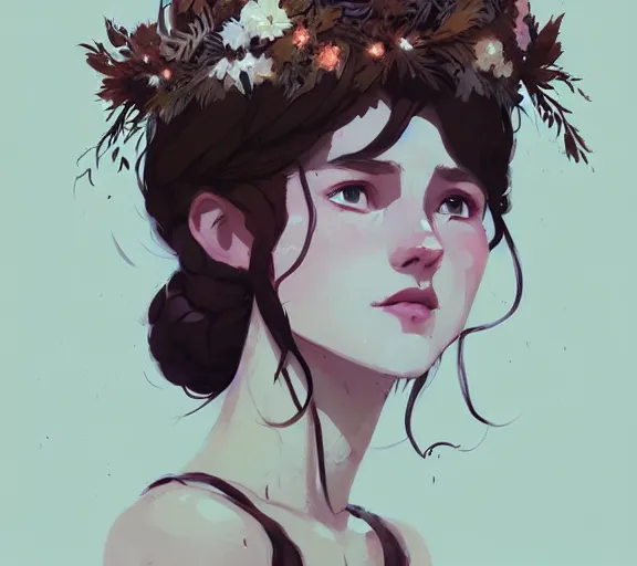 Prompt: portrait of forest godess with flower crown, by atey ghailan, by greg rutkowski, by greg tocchini, by james gilleard, by joe fenton, by kaethe butcher, by ashley wood, dynamic lighting, gradient light blue, brown, blonde cream and white color scheme, grunge aesthetic