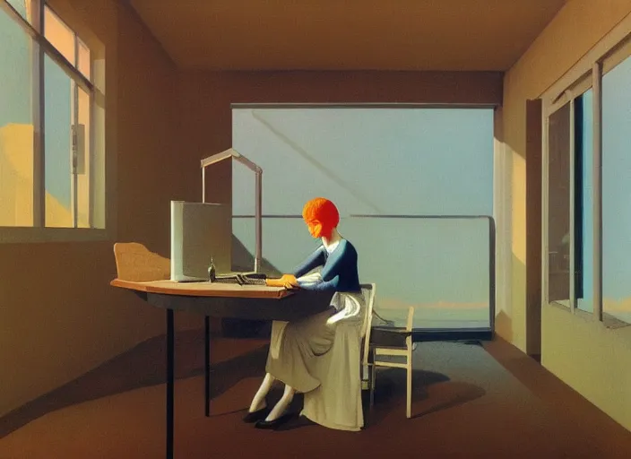 Image similar to what does a computer dream about?, highly detailed, science fiction, Edward Hopper and James Gilleard, Zdzislaw Beksinski highly detailed