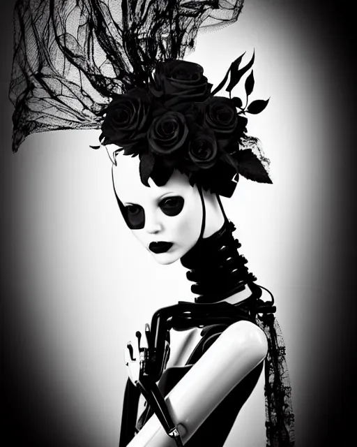 Image similar to dreamy surreal poetic black and white photo of a beautiful young bio-mechanical-female-cyborg-plastic-robot with a very long neck and a super big gothic lace collar and a very high big floral crown with many black dry roses by Vivienne Westwood:: smoke, high fashion, haute couture, rococo, avant-garde, elegant, dreamy, hyper realistic, 150 mm lens, soft rim light, octane render, unreal engine, picture was taken in 1910 by Dora Maar, volumetric lighting, dramatic light,8k,