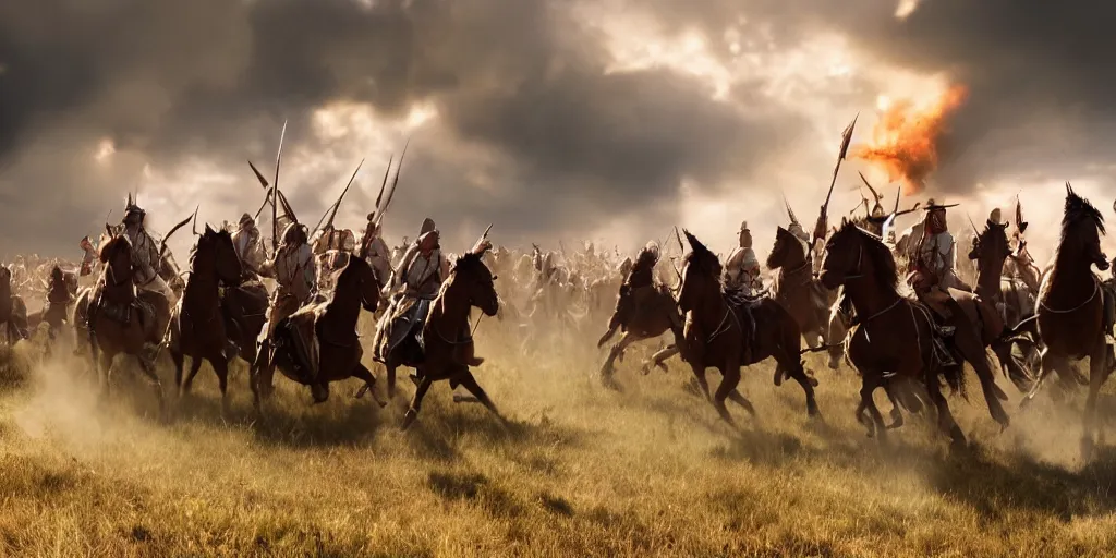 Image similar to promotional movie still rendered in octane, of an action shot from the battle of little bighorn, custer's last stand, majestic horses and their riders, desperate action heading towards the offset center of the scene, dramatic hdr natural light, cinematic lighting, extremely high detail, photorealistic, imax 7 0 mm, iso 4 0 0, 8 k, 4 k, hq