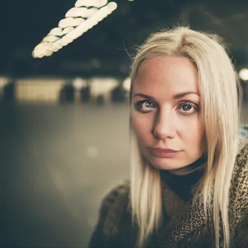 Image similar to blonde mom in a hockey arena wearing medieval tapestry as clothing, shallow depth of field, moody lighting, single point of light, 8 k, ultra realistic, in the style of martina fackova,