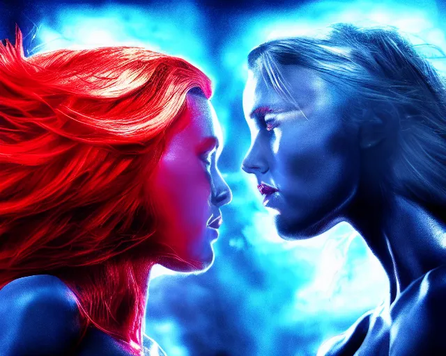Image similar to red - male - devil and blue - female - angel facing each other in mirrored pose, dramatic lighting, 8 k, high quality, hyper realistic, 3 5 mm photography, epic fantasy masterpiece