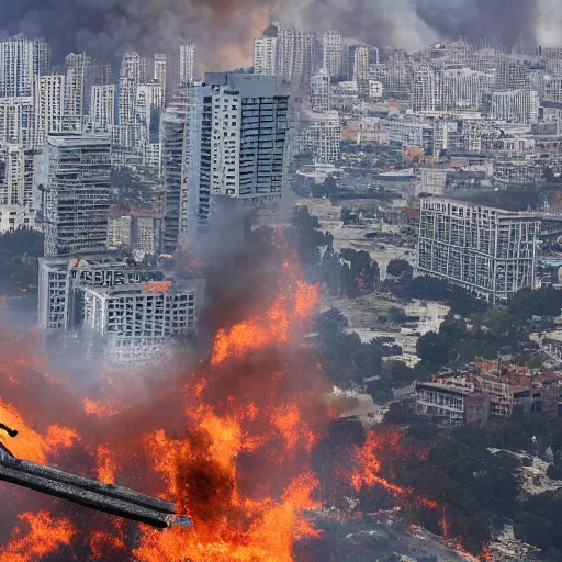 Image similar to a city is getting destroyed with fire and buildings are breaking a man from higher elevation looking at city detailed