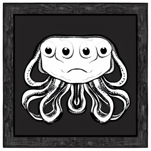 Image similar to very angry squid, 🦑 design in square frame, black and white, mad cuttlefish, cute decapodiformes