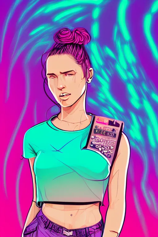 Image similar to a award winning half body portrait of a beautiful woman with stunning eyes in a croptop and cargo pants with ombre purple pink teal hairstyle and hands in pockets by thomas danthony, surrounded by whirling illuminated lines, outrun, vaporware, shaded flat illustration, digital art, trending on artstation, highly detailed, fine detail, intricate