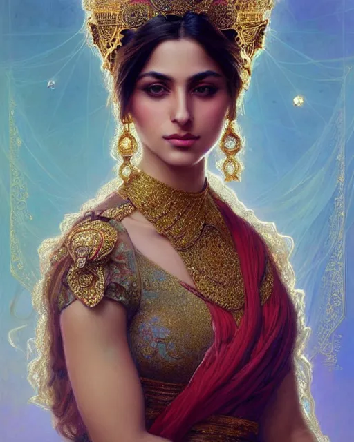 Image similar to Beautiful portrait of a Persian Princess who is an architect, beautiful princess, beautiful body, attractive, babe, face painting, full body, dramatic lighting, intricate, wild, highly detailed, digital painting, artstation, concept art, smooth, sharp focus, illustration, art by artgerm and greg rutkowski and alphonse mucha, footage from space camera