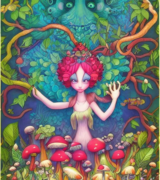 Image similar to Mushroom dryad by Jeremiah Ketner and Hiroyuki Mitsume-Takahashi and Goro Fujita and Mark Ryden and Pixar and Hayao Miyazaki