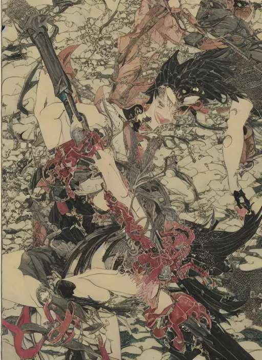 Image similar to battle between good and evil , battle between angels and demons, by and Takato Yamamoto and Yoshitaka Amano, high resolution, ultra detailed