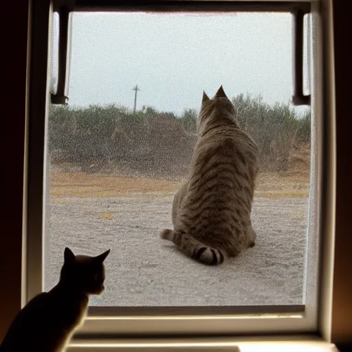 Image similar to photo of a cat watching martian terrain inside a window