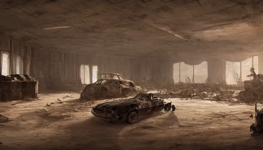 Image similar to interior of destroyed oval office in mad max, movie style, sand floor, hyperdetailed, artstation, cgsociety, 8 k