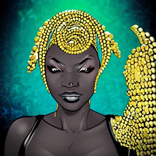 Prompt: black woman, afrofuturist, cell shaded, comic book style art, gold jewelry, face paint