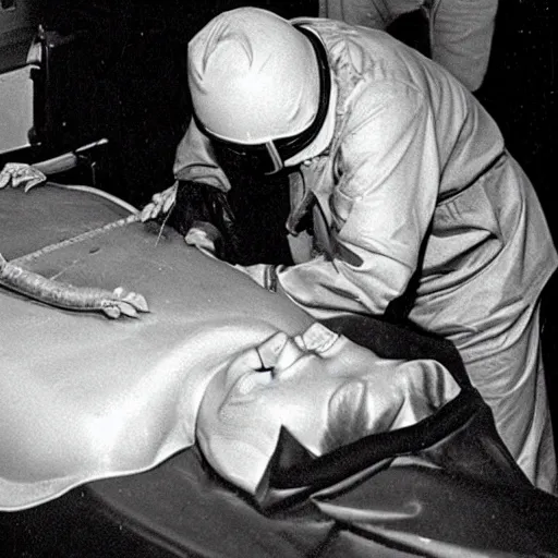 Image similar to photo of alien autopsy done by Ronald Reagan on the recovered Roswell aliens , psychedelic