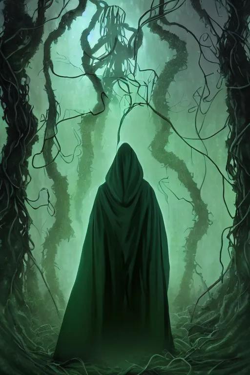 Image similar to A full body portrait of a ghost like shaman with no face, glowing eyes and a very long hooded dark green cloak of leaves and vines, forest spirits flying in the background art by Shaddy Safadi and Jason Chan, ominous, cosmic horror, trending on artstation, Ultra detailed, hyper realistic 4k