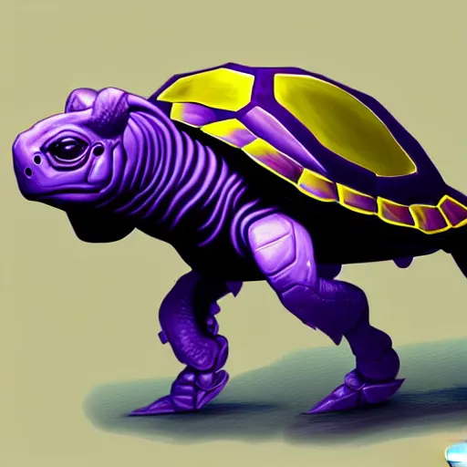 Image similar to military turtle horse, sleek futurism, character design, purple and yellow, detailed, trending on artstation, by les edwards