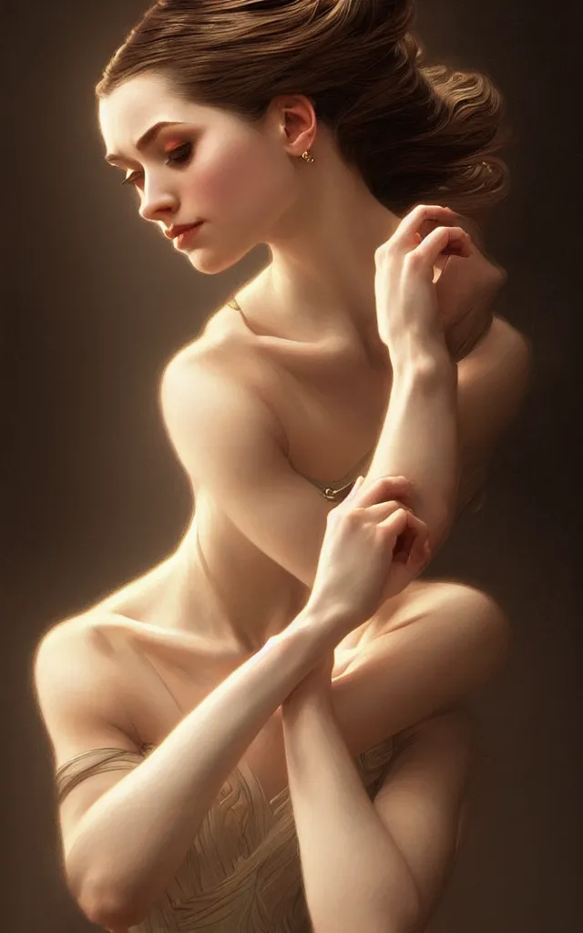 Image similar to portrait of ballerina with dark eye shadow, studio lighting, intricate, elegant, highly detailed, digital painting, artstation, concept art, smooth, sharp focus, illustration, art by artgerm and greg rutkowski and alphonse mucha