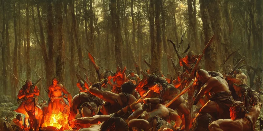 Image similar to barbarian norse god pushes an attacking racen from his face, dense forest, dusk, sunset, campfire, horizontal symmetry inception good composition artstation illustration sharp focus, vista painted by ruan jia raymond swanland lawrence alma tadema zdzislaw beksinski norman rockwell tom lovell alex malveda greg staples