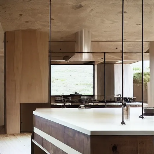 Image similar to “extravagant luxury modern kitchen, interior design, natural materials, modern rustic, by Tadao Ando and Koichi Takada and Hasimoto Yukio”