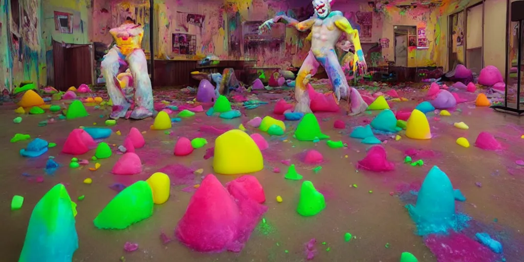 Image similar to a huge messy colorful puddle of runny rainbow sherbet on the floor of a abandoned ice cream parlor comes to life, the sherbet raises to stand in the shape of a evil clown with sharp scary fangs attacking. a legion of giant evil gummy bares are behind.