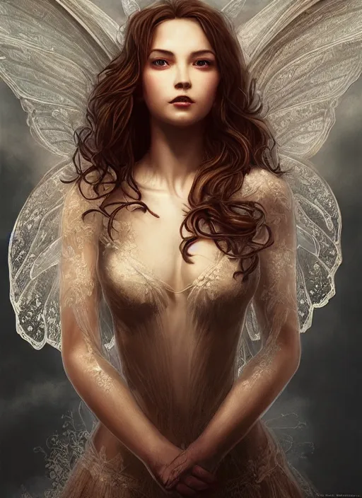 Prompt: full body portrait of a beautiful fairy women with wings of lace, by artgerm, sunny day, highly detailed, perfect lighting, perfect composition, symmetry, detailed features, 4 k, by alan lee, by derek zabrocki, by greg rutkowski
