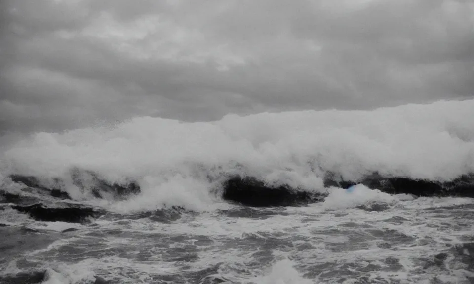 Prompt: 3 5 mm film still, stormy ocean atlantis city