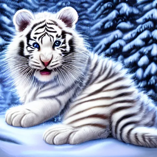 Prompt: cute fluffy baby white tiger sitting in snowy winter landscape detailed painting 4 k