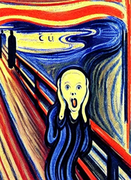 Image similar to oil painting of The Scream !!taking a seflie!! with an iPhone!! by Edvard Munch