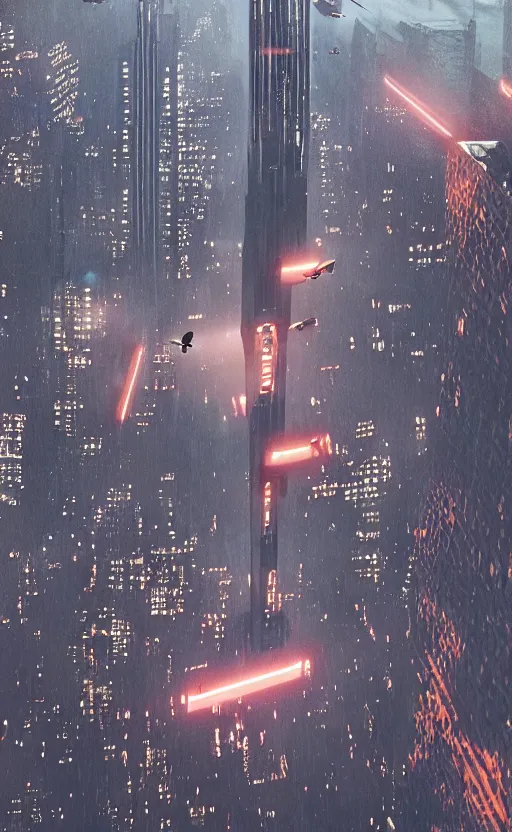 Image similar to a intricate detailed spaceship designed by peter schreyer flying over NYC in style of blade runner 2049