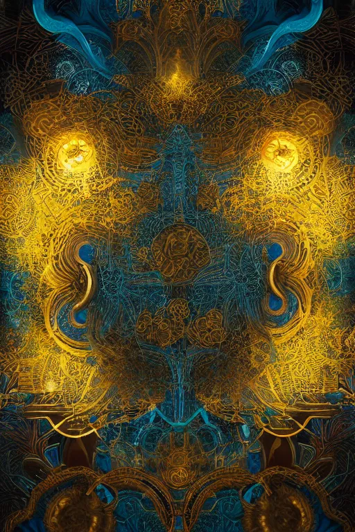 Image similar to floral and gear art deco abstract patterns, blue and gold, 8 k, powerfull, intricate, elegant, volumetric lighting, digital painting, highly detailed, artstation, sharp focus, illustration, concept art, ruan jia, steve mccurry, beksinski