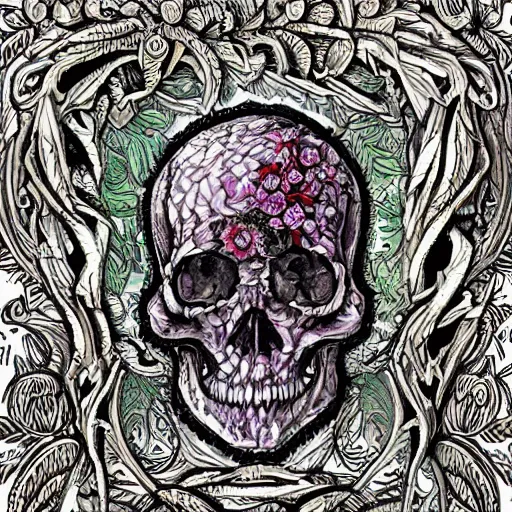 Prompt: detailed rotten skull corpse with fractal plants and fractal flowers and mushrooms growing around, symmetrical, ornate, ornamentation, illustration, in the style of onz _ blk