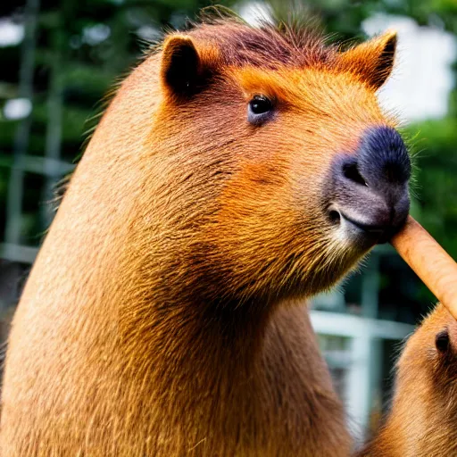 Image similar to an antropomorphic capybara wearing a suit smoking a cigar