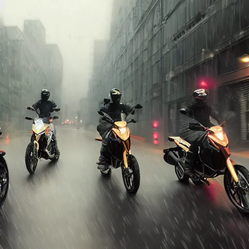 Image similar to highly detailed, photo realistic, futuristic drz 4 0 0 s at night in the rain driving on a city street, dense fog, unreal engine, by greg rutowski, by stanley artgerm, by alphonse mucha