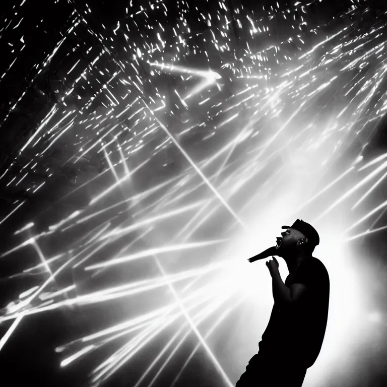 Prompt: rapper using microphone, laughing, epic angle, profile view, silhouetted, distinct, psychedelic hip-hop, laser light show, beams of light