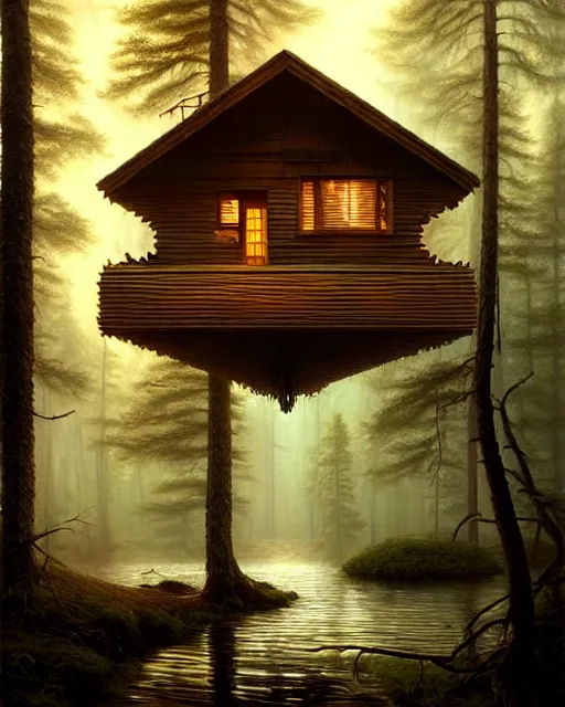 Image similar to a hyper - detailed 3 d render like an oil painting of cabin in the woods floating inside our own consciousness!!!!! surreal concept art, lifelike, photorealistic, digital painting, aesthetic, smooth, sharp focus, artstation hd, by greg rutkowski, bruce pennington, valentina remenar, rhads, asher duran,