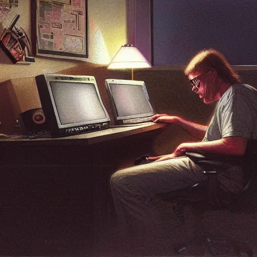 Image similar to Guy programming at his computer in the 80s at night in a dark room, candid art by Donato Giancola and James Gurney, digital art, trending on artstation