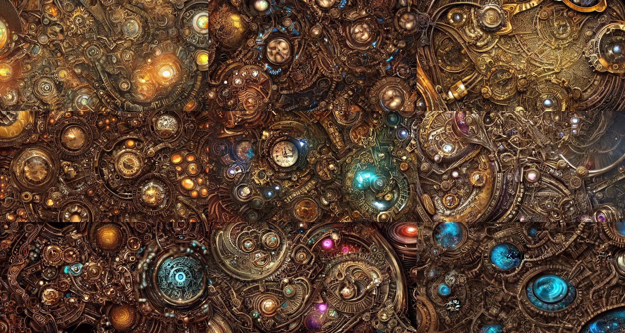 Prompt: Close up of intricate Retrowave Steampunk mandelbulb fractal, made of clockwork and gem tones and filigree platinum, ultra detailed, fractal art, cgsociety, artstation