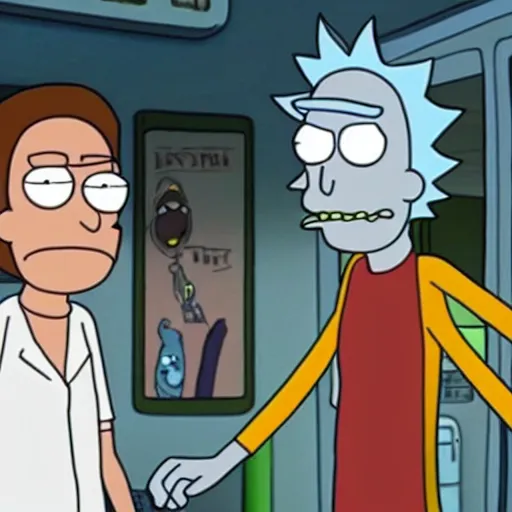 Image similar to Rick and Morty visiting Futurama