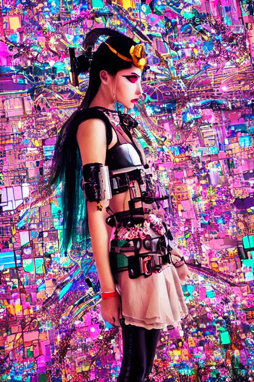 Image similar to antediluvian steppe magical girl wearing cybernetic floral valentino, cyberpunk steppe market background, bright cinematic fashion photography