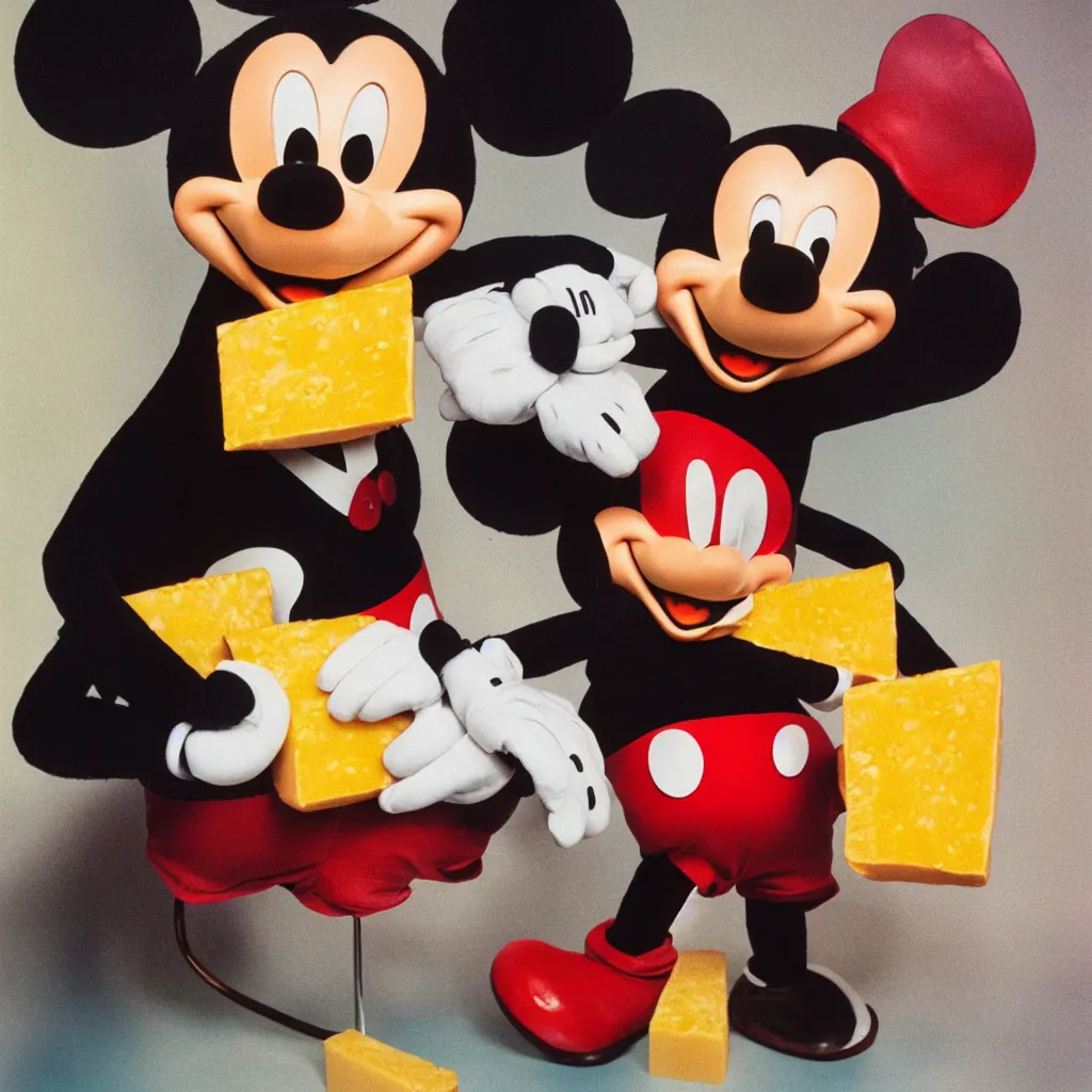 Image similar to a solo portrait of mickey mouse transformed into a block of cheese ektachrome photograph