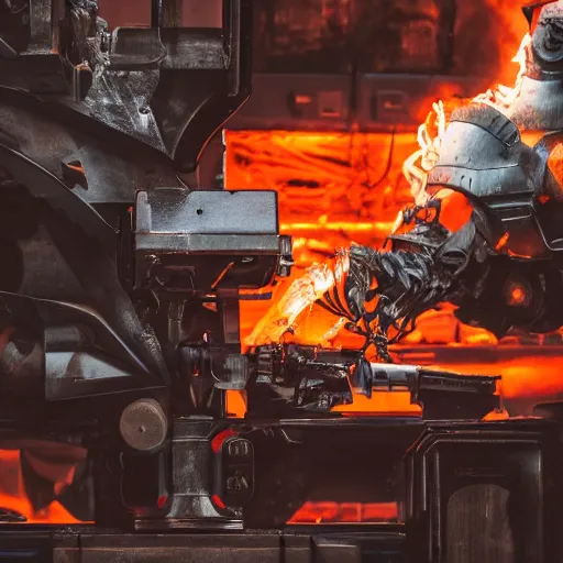 Image similar to toaster oven mecha head, dark messy smoke - filled cluttered workshop, dark, dramatic lighting, orange tint, sparks, cinematic, highly detailed, sci - fi, futuristic, movie still