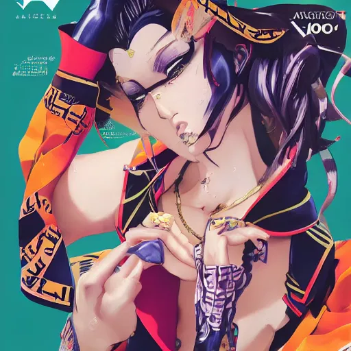 Image similar to Magazine Cover Anime key visual of a Gucci girl; official media; typography; drawn by Hirohiko Araki; Jojo's Bizarre Adventure; Jojolion, portrait, made by Stanley Artgerm Lau, WLOP, Rossdraws, James Jean, Andrei Riabovitchev, Marc Simonetti, Yoshitaka Amano, ArtStation