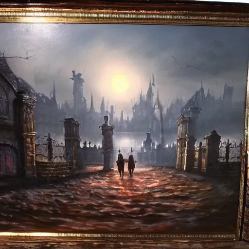 Prompt: bloodborne, beautiful extremely detailed landscape oil on canvas painting in the style of 1 9 th century hudson river school of art