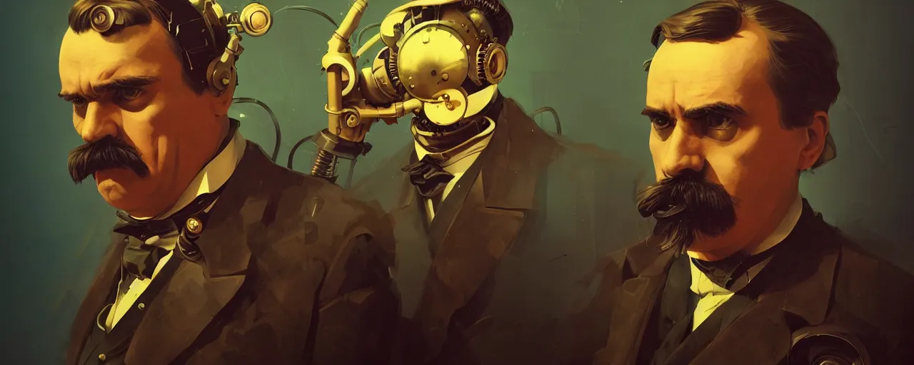 Image similar to duotone dark concept illustration 3 / 4 portrait of friedrich nietzsche as retro steampunk cyborg. cinematic volumentric lighting. golden ratio accidental renaissance. by sachin teng and sergey kolesov and ruan jia and heng z. graffiti art, scifi, fantasy, hyper detailed. octane render. concept art. trending on artstation