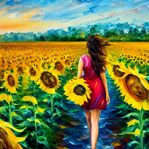 Image similar to a girl slowly walking through amazing tall sunflower field, her hair flowing down, subtle, intricate details, real masterpiece, oil on canvas, by leonid afremov