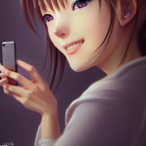 Image similar to beautiful serene intricate very detailed portrait of a realistic anime girl taking a selfie, smiling softly, wearing casual clothes, relaxing on the couch, interior lighting, cozy living room interior, soft focus, 8 k, art by irakli nadar, hyperrealism, hyperdetailed, ultra realistic