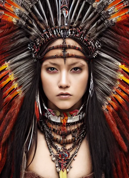 Prompt: hyper detailed image of an Redskin warrior princess wearing a headdress, intricate, elegant, long black hair, hd, 8k, muted colors,