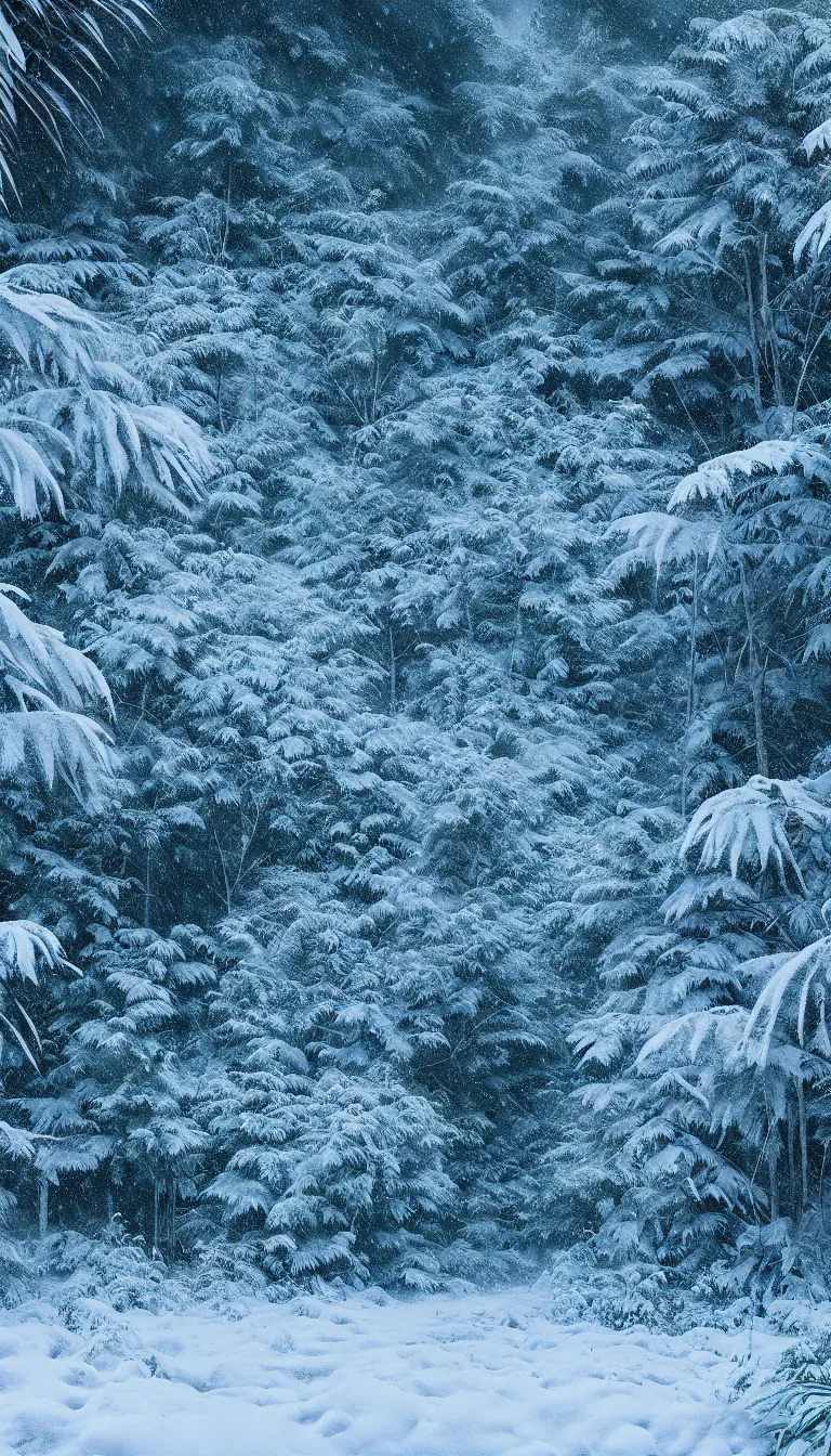 Prompt: highly detailed photo of snowfall in jungle, award winning photo, hyper realistic, art by greg rutsowski, concept art, 8 k detail post - processing