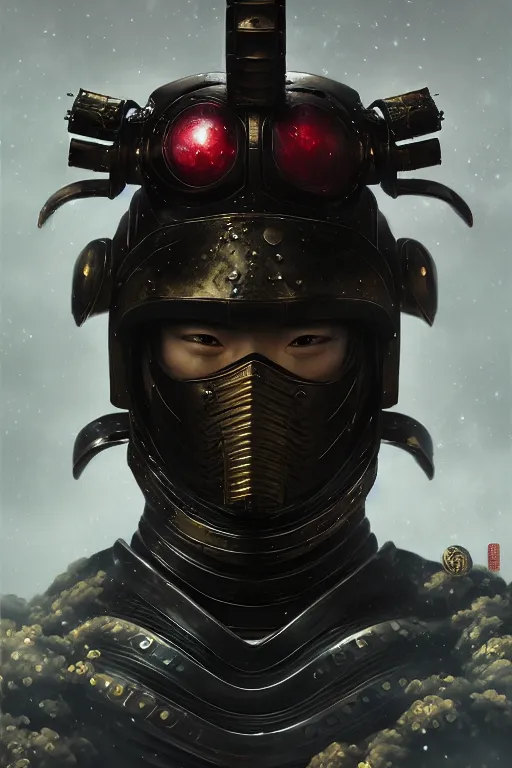 Prompt: a portrait of sci fi samurai warrior wear black japanese armored with samurai mask by karol bak, james jean, tom bagshaw, rococo, sharp focus, trending on artstation, cinematic lighting, hyper realism, octane render, 8 k, hyper detailed, vivid, ultra detailed, highly detailed