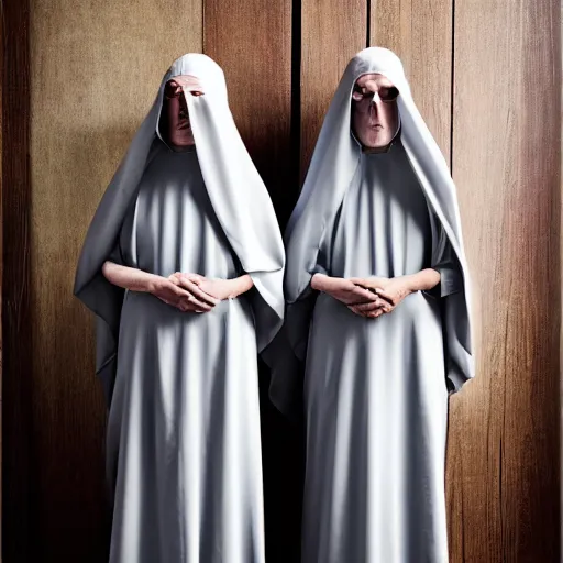 Image similar to award winning photo two Hovering twin nuns wearing hoods, buxom chested blindfolded wearing translucent veils see through dress, Very long arms, bedroom, wood door, eerie, frightening, highly detailed, photorealistic, colorized —width 1024 —height 1024