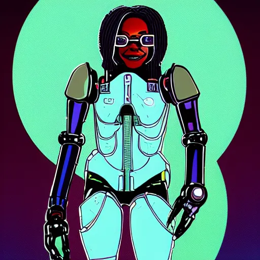 Image similar to cyberpunk robotic whoopi goldberg, sharp lines, digital, artstation, colored in