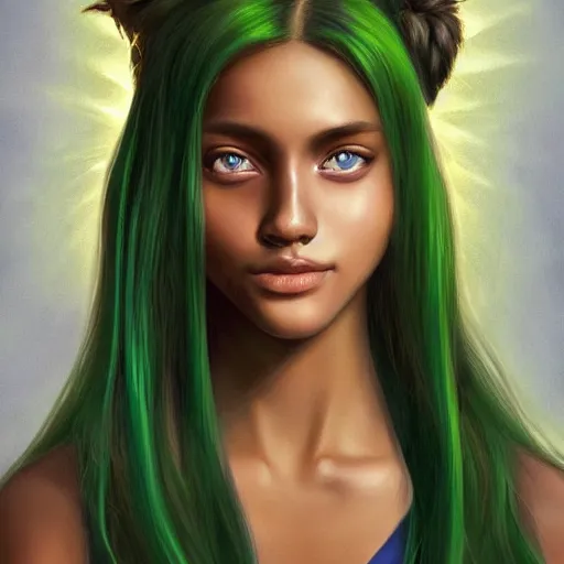 Image similar to a green haired teenager, blue eyes, brown skin, cheeky smile, deep focus, elegant, digital painting, smooth, sharp focus, golden ratio, illustration, ultra realistic, 8 k, art by artgerm and caravaggio